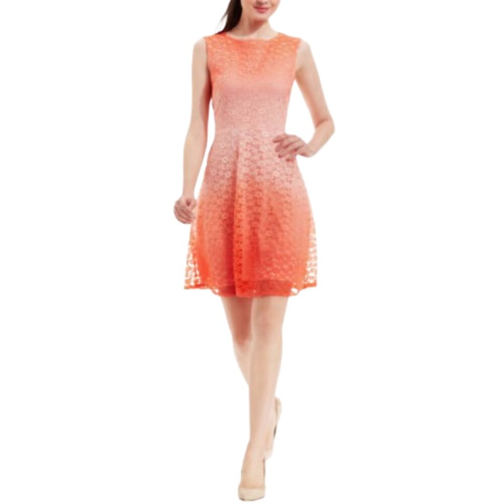 Sandra Darren A-Line Sleeveless Dress Orange Ombre Floral Lace Print